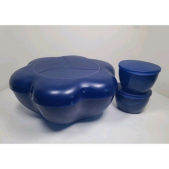 Complete 6 Pc  Tupperware CHIP N Dip Set w/2  Dip BOWLS &LIDS 6 Quart  Blue - Picture 4 of 10